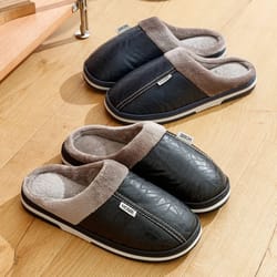mens winter indoor slippers waterproof pu leather warm house shoes big sizes