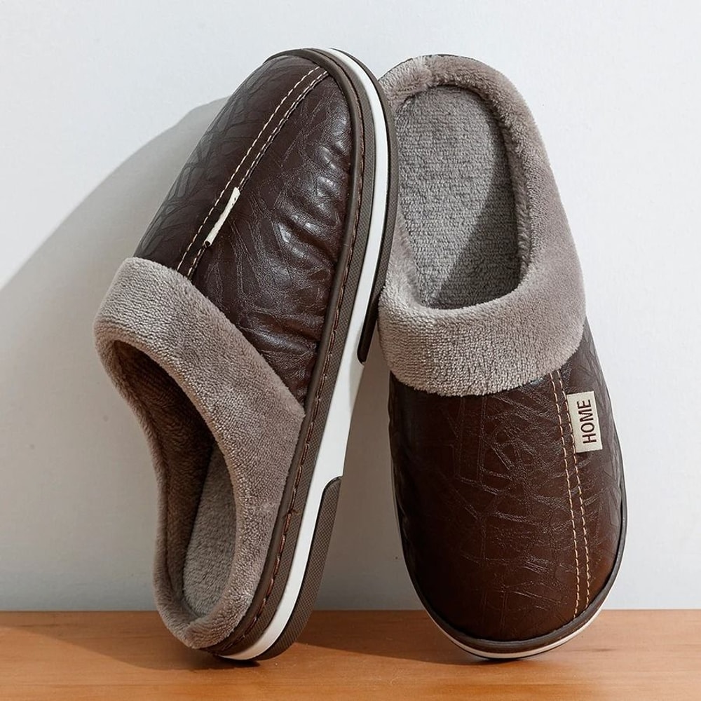 Big Size Mens Winter Indoor Slippers Waterproof PU Leather Warm House Shoes 2