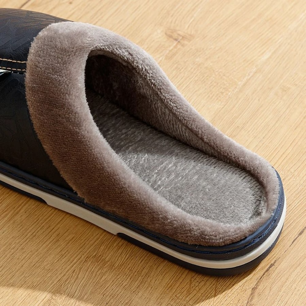 Big Size Mens Winter Indoor Slippers Waterproof PU Leather Warm House Shoes 5