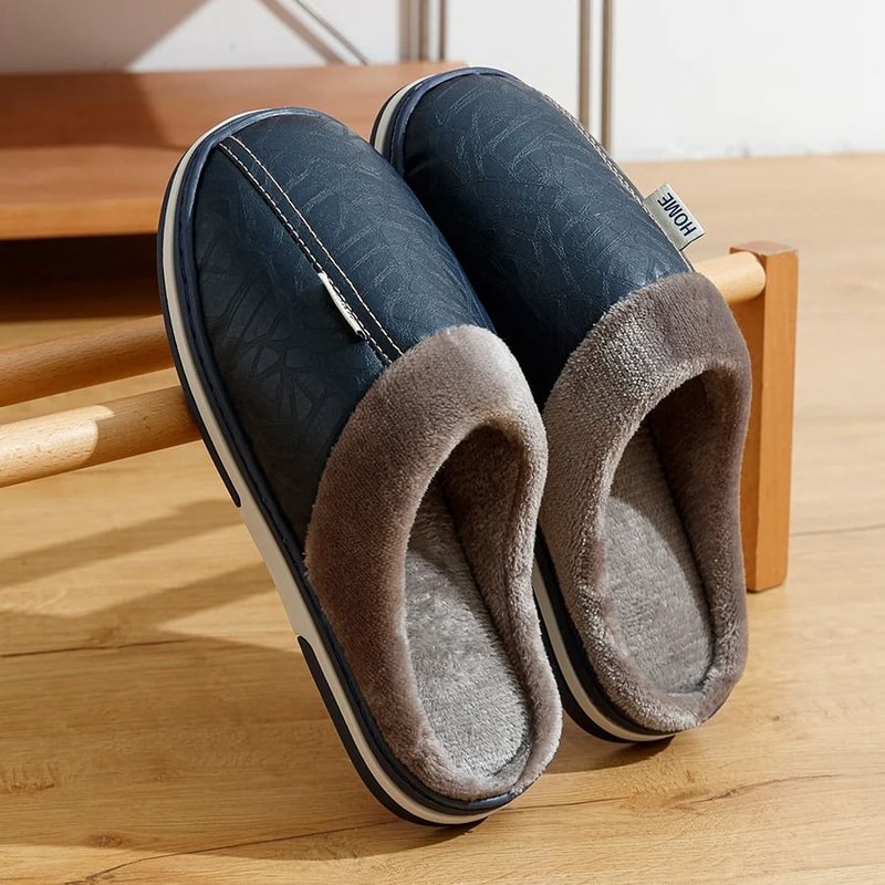 Big Size Mens Winter Indoor Slippers Waterproof PU Leather Warm House Shoes 8