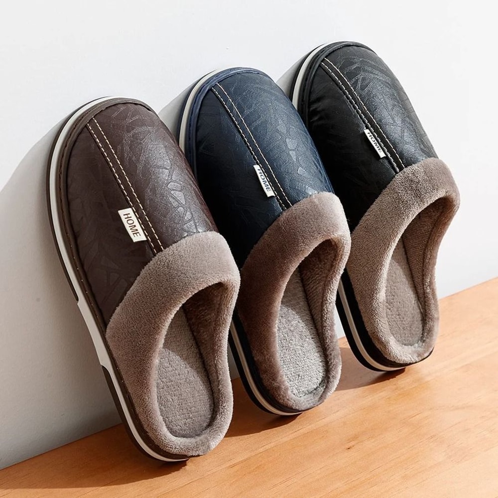 Big Size Mens Winter Indoor Slippers Waterproof PU Leather Warm House Shoes 0