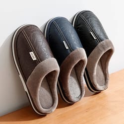 big size mens winter indoor slippers waterproof pu leather warm house shoes