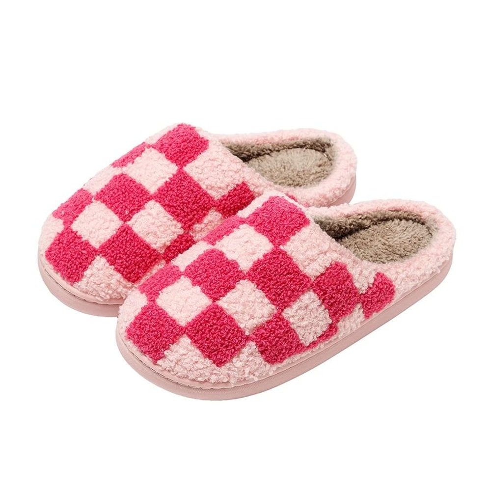 Womens Fuzzy Checker Winter Slippers Cozy Fluffy House Shoes 0