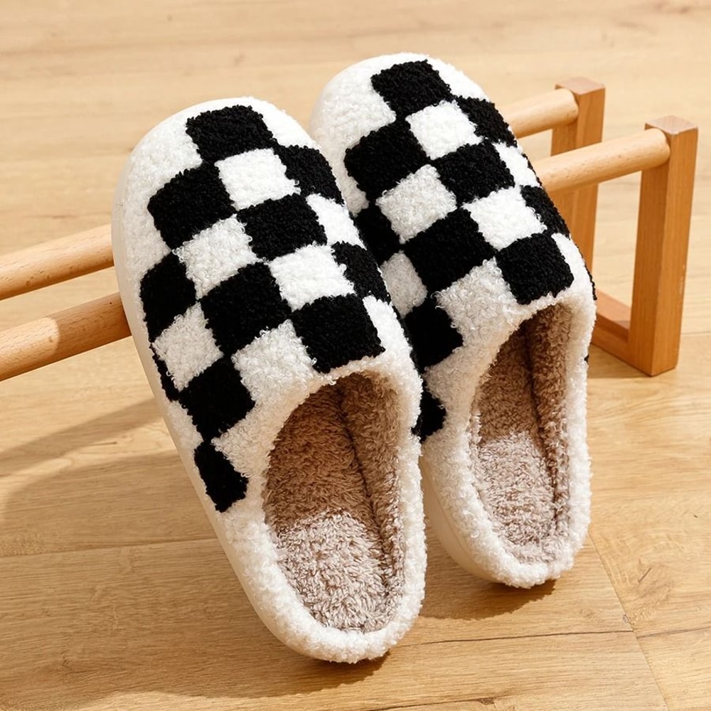 Womens Fuzzy Checker Winter Slippers Cozy Fluffy House Shoes 5