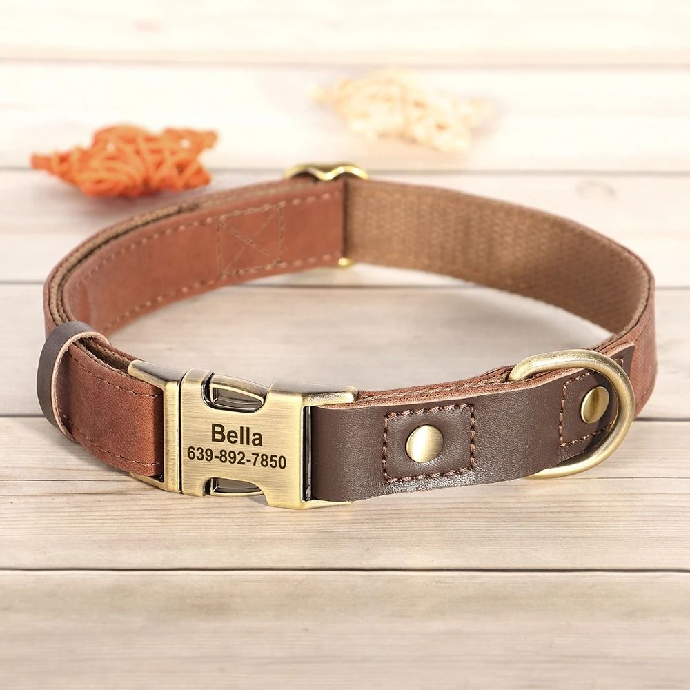 Custom Engraved PU Leather Dog Collar Adjustable ID Buckle 3