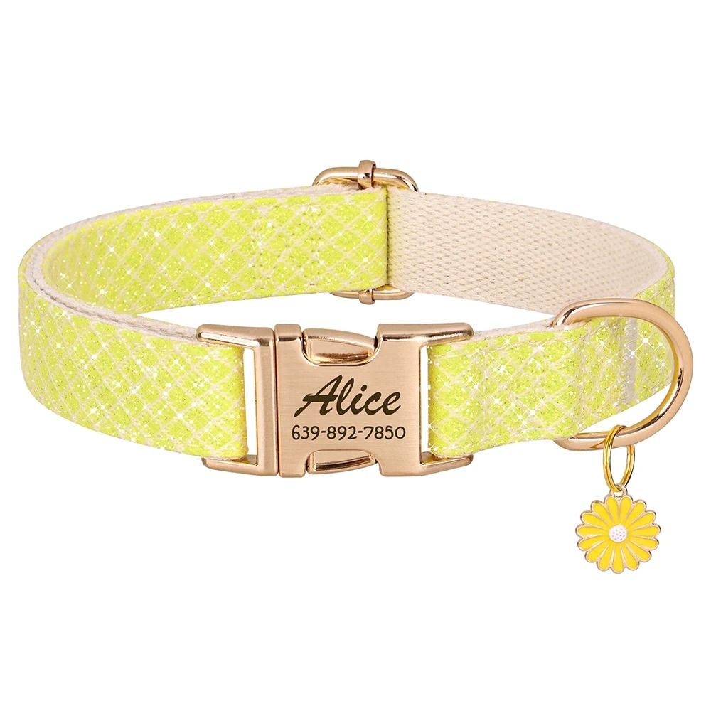 Bling Nylon Custom Dog Collar Engraved Flower ID Buckle 0