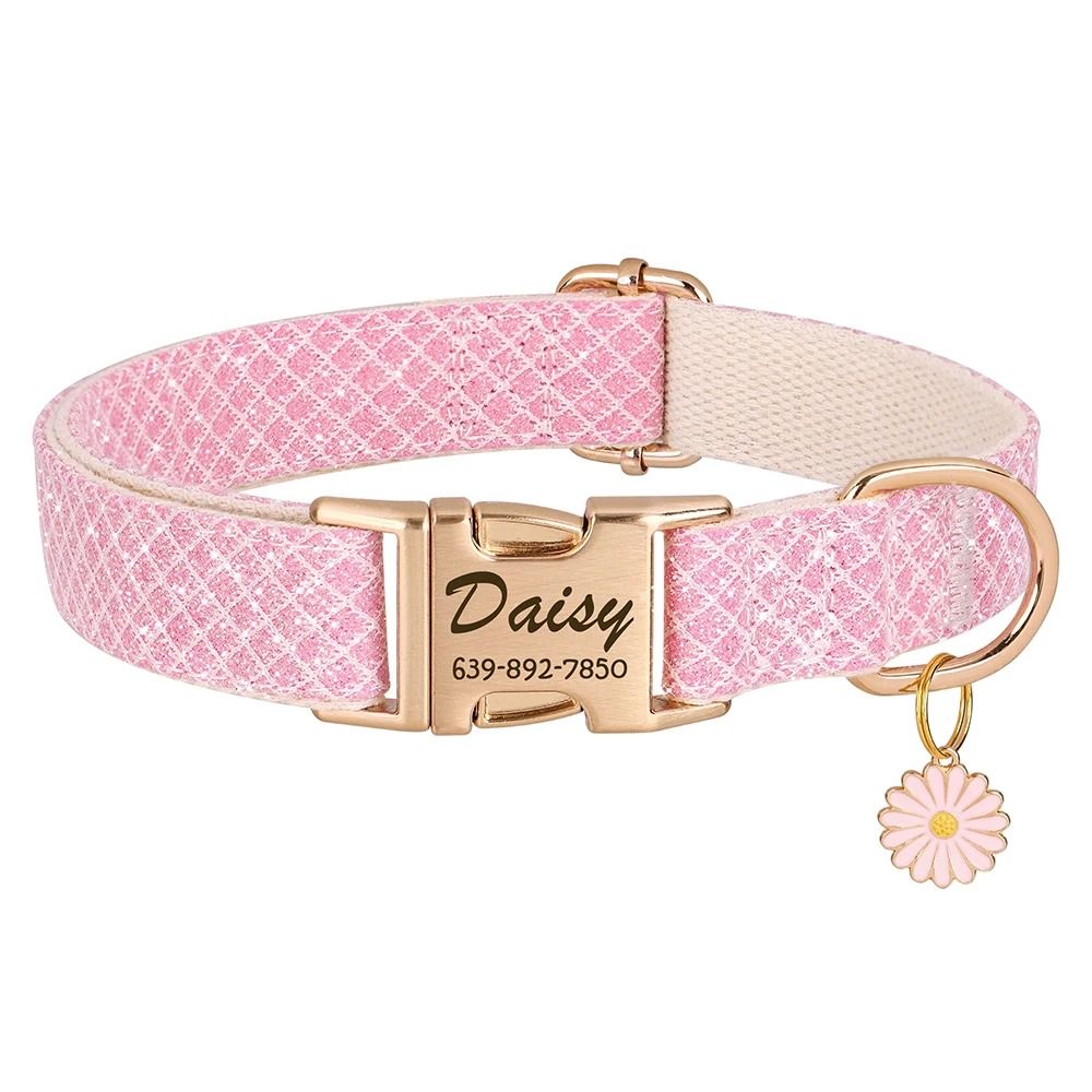 Bling Nylon Custom Dog Collar Engraved Flower ID Buckle 2