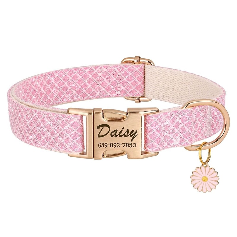 Bling Nylon Custom Dog Collar Engraved Flower ID Buckle 2
