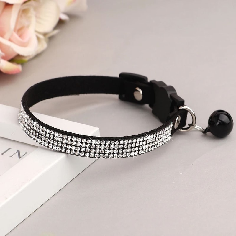 Suede Leather Rhinestone Cat Collar With Bell Breakaway 1