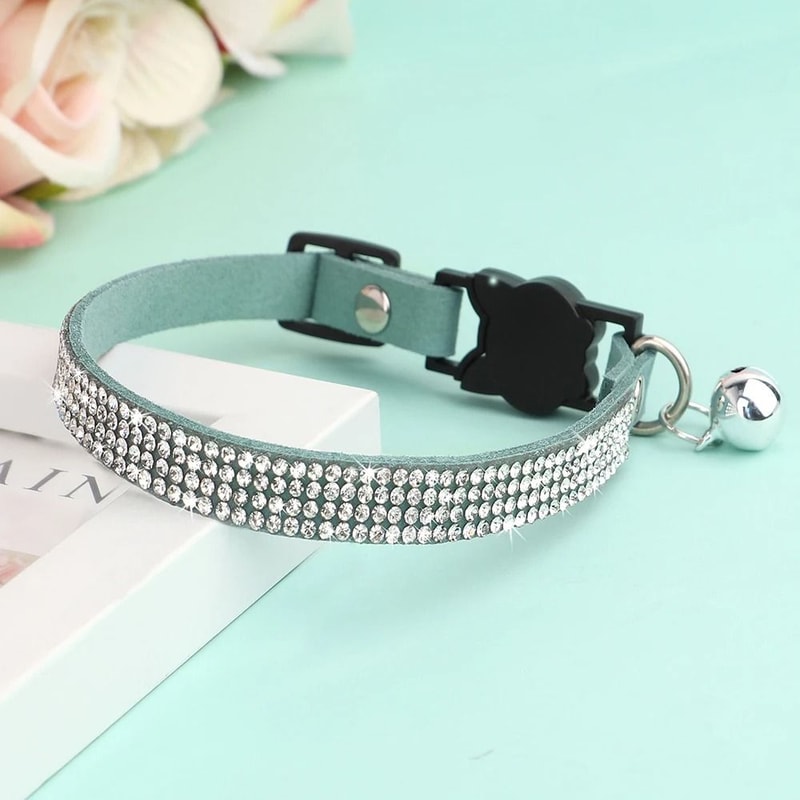 Suede Leather Rhinestone Cat Collar With Bell Breakaway 2