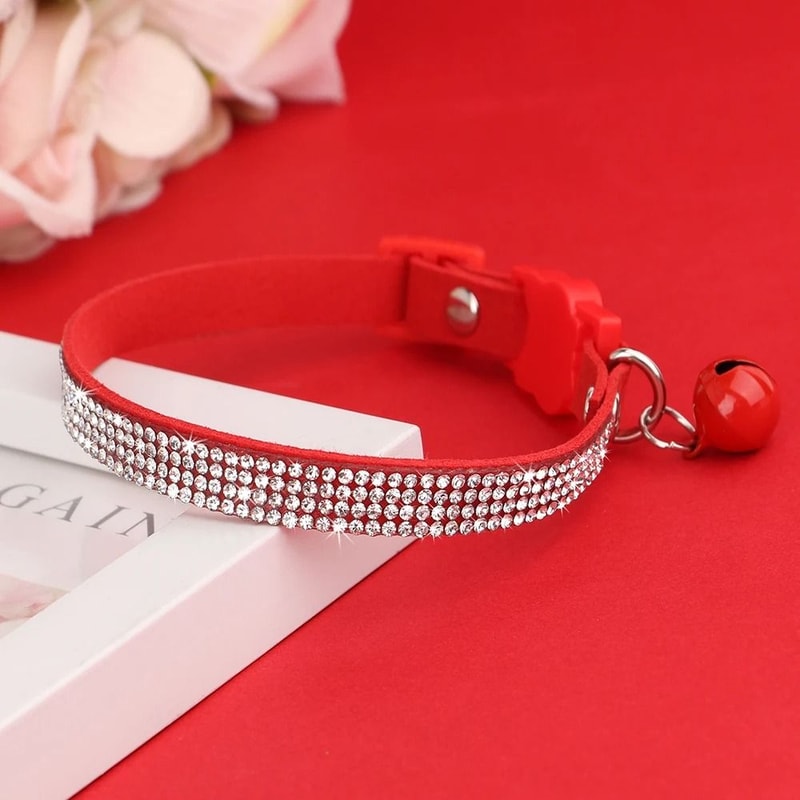 Suede Leather Rhinestone Cat Collar With Bell Breakaway 3
