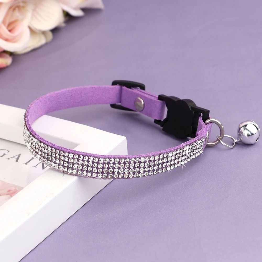 Suede Leather Rhinestone Cat Collar With Bell Breakaway 4