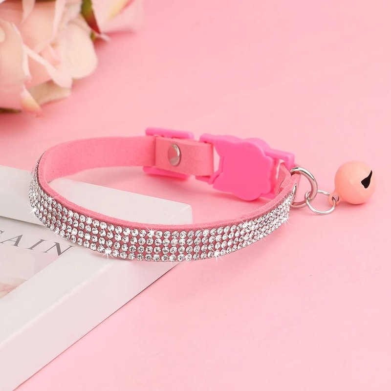 Suede Leather Rhinestone Cat Collar With Bell Breakaway 5