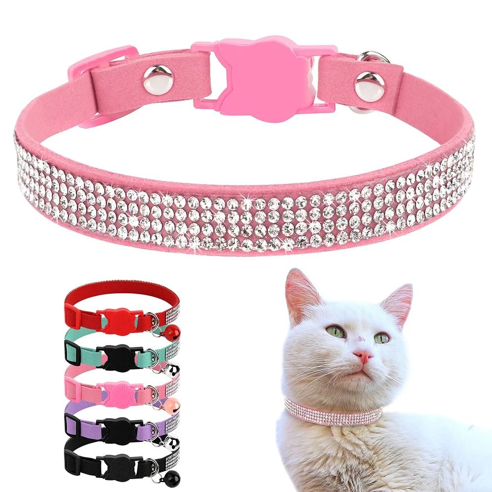 Suede Leather Rhinestone Cat Collar With Bell Breakaway 7