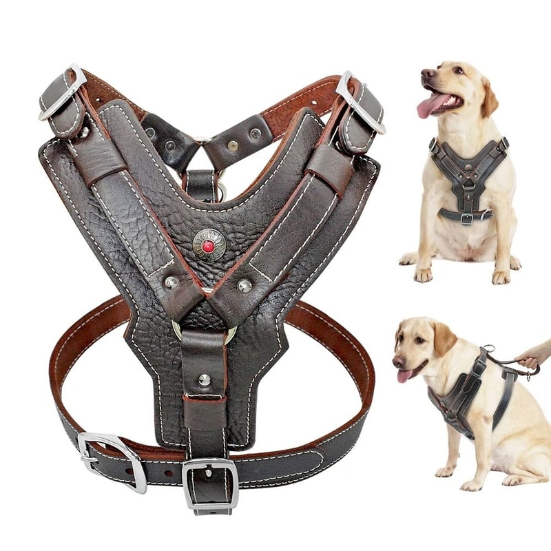 Durable Leather Dog Training Harness With Control Handle For Large Dogs 0