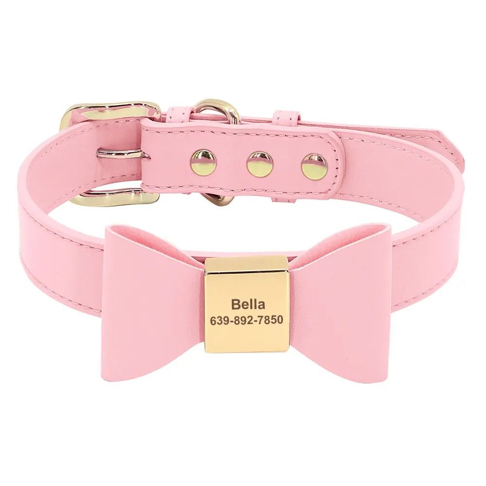 Personalized PU Leather Dog Collar With Engraved Name And Cute Bow For Small Medium And Large Dogs 4