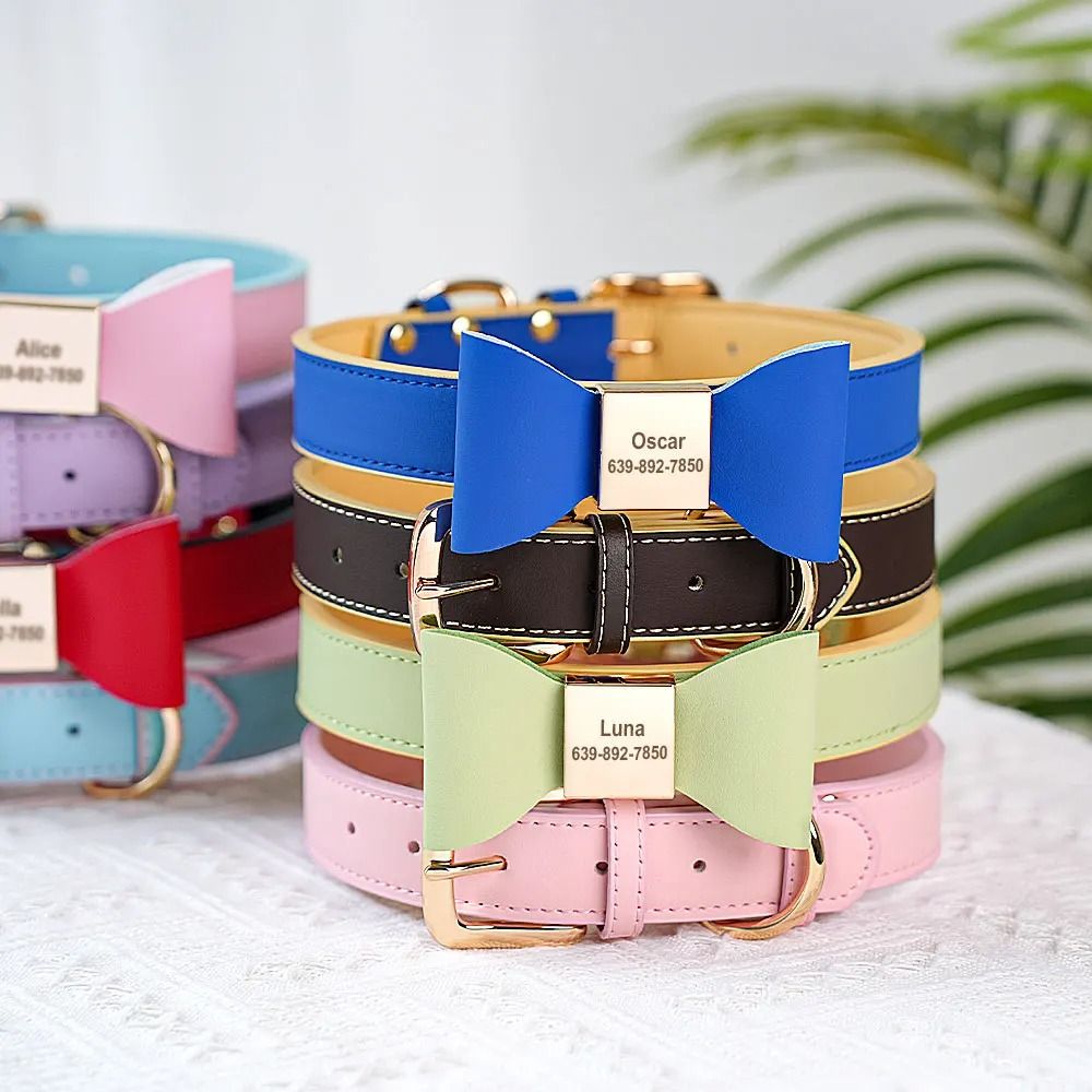 Personalized PU Leather Dog Collar With Engraved Name And Cute Bow For Small Medium And Large Dogs 11