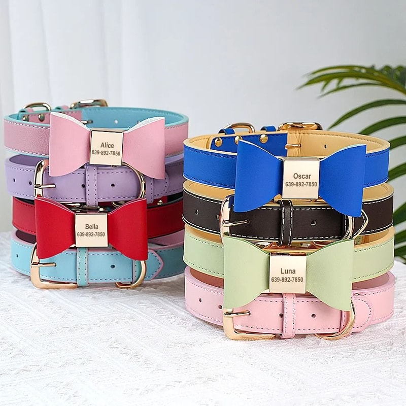 Personalized PU Leather Dog Collar With Engraved Name And Cute Bow For Small Medium And Large Dogs 0