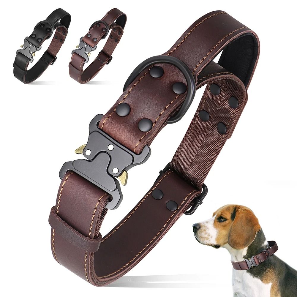 Genuine Leather Dog Collar With Handle And Safety Buckle For Medium And Large Dogs 0