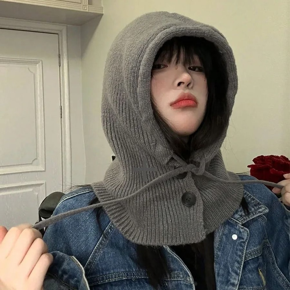 Knitted Hooded Balaclava Beanie With Neck Cover Warm Winter Hat For Women 9