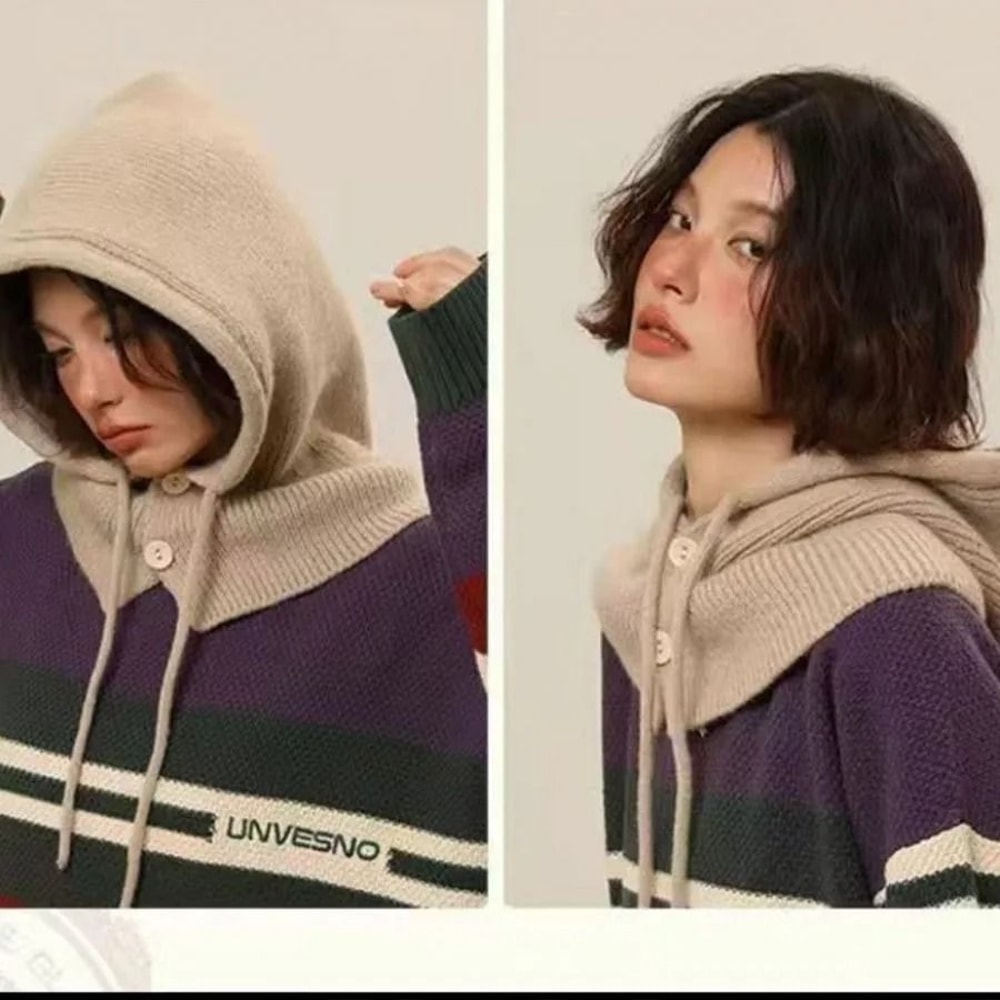 Knitted Hooded Balaclava Beanie With Neck Cover Warm Winter Hat For Women 5