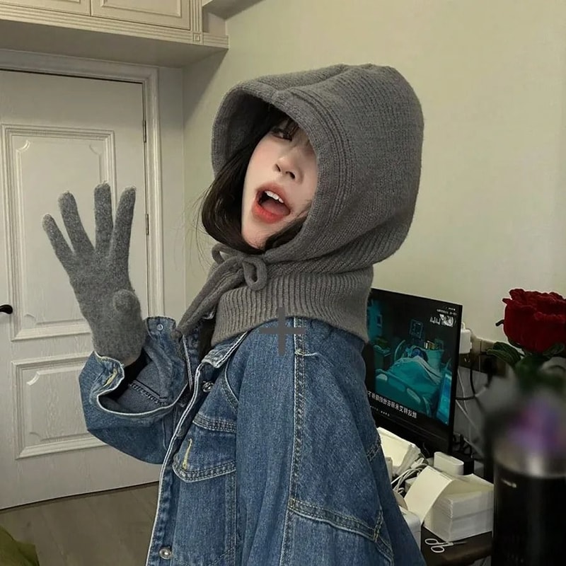 Knitted Hooded Balaclava Beanie With Neck Cover Warm Winter Hat For Women 6