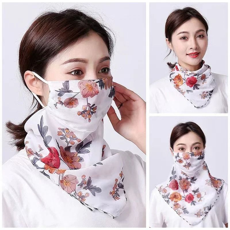 Elegant Floral Chiffon Sun Protection Neck Scarf Mask 4