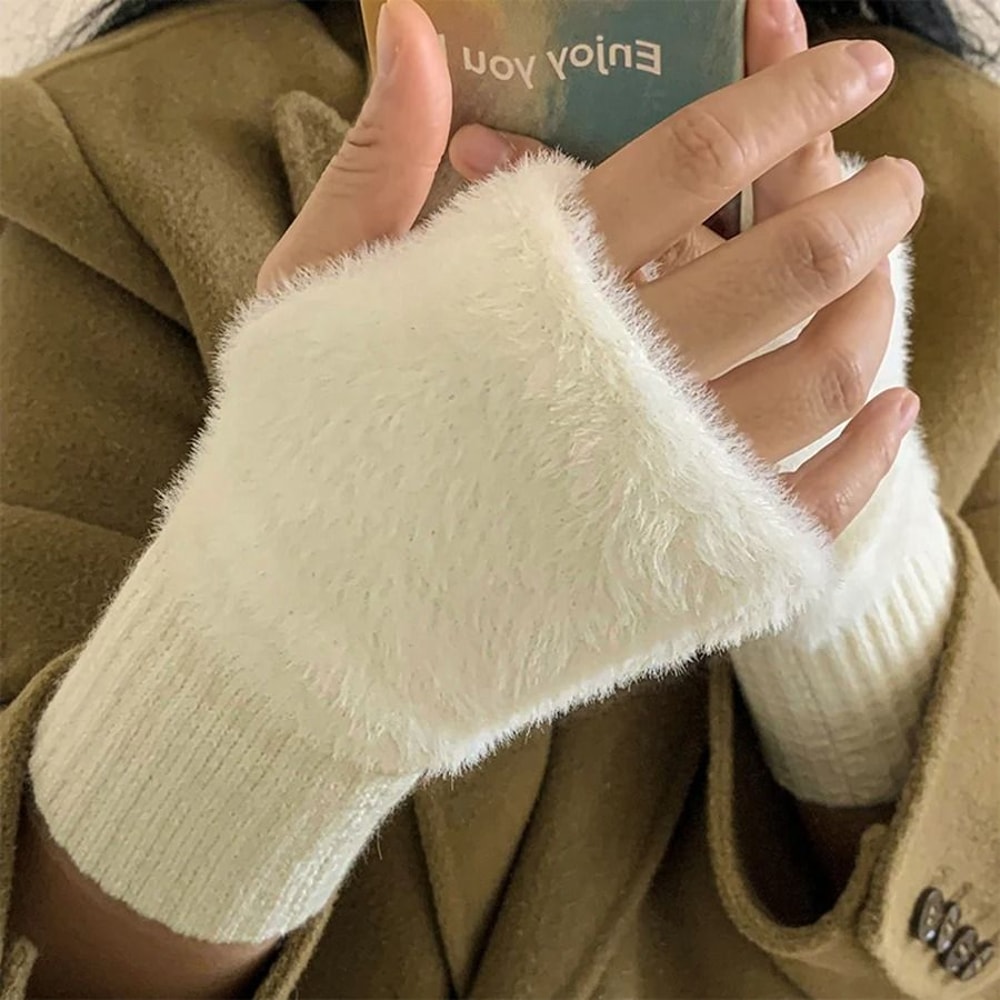 Warm Plush Half Finger Gloves For Women Soft Winter Wrist Mittens 6