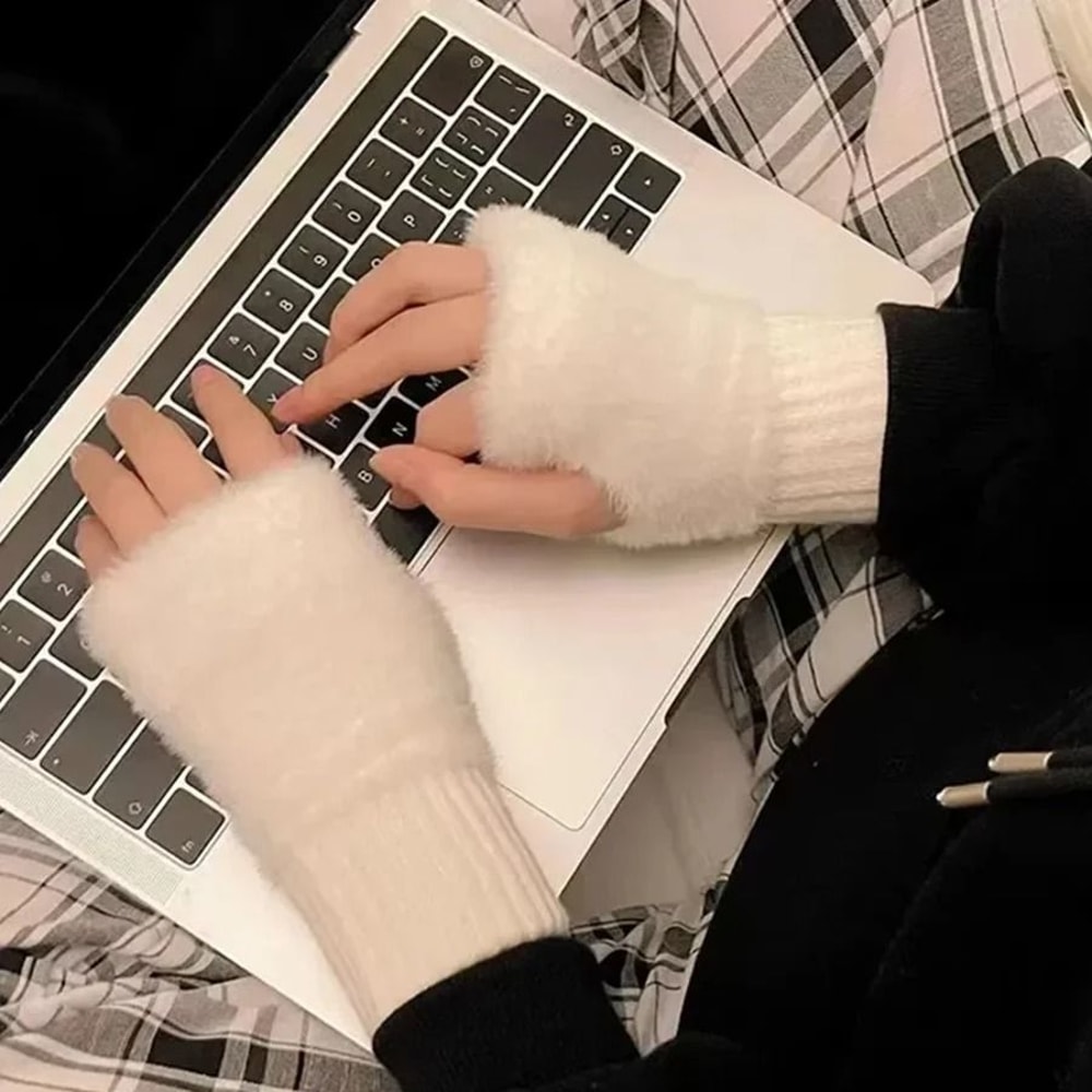 Warm Plush Half Finger Gloves For Women Soft Winter Wrist Mittens 8