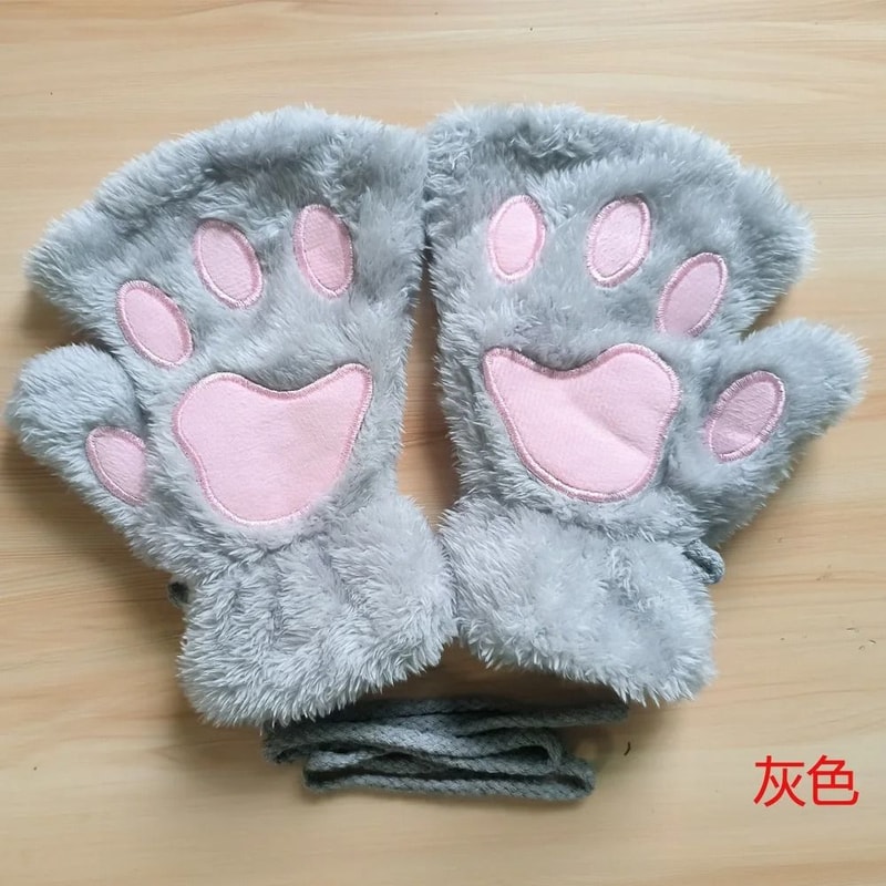 Kawaii Plush Paw Gloves Cat Claw Fingerless Plush Mittens 4