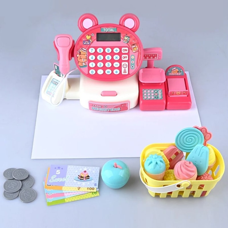 Kids Supermarket Toy Play Cash Register With Shopping Cart Role Play Set 10