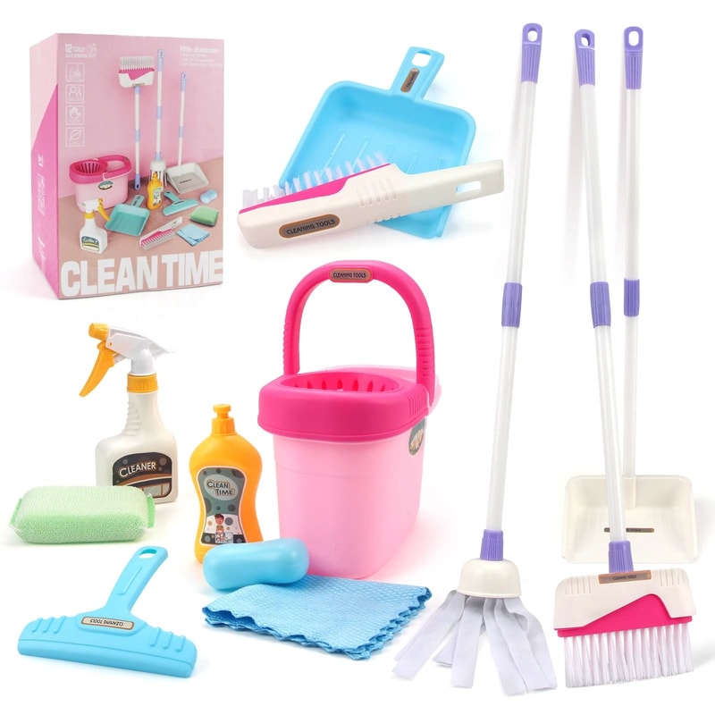 Kids Cleaning Set Play House Toy Pretend Cleaning Kit With Broom Mop And Bucket 1
