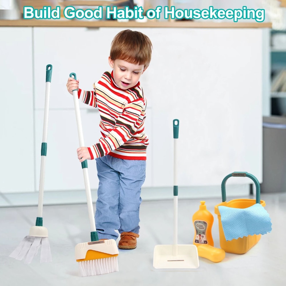 Kids Cleaning Set Play House Toy Pretend Cleaning Kit With Broom Mop And Bucket 2