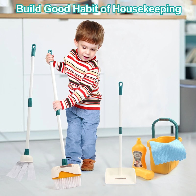 Kids Cleaning Set Play House Toy Pretend Cleaning Kit With Broom Mop And Bucket 2