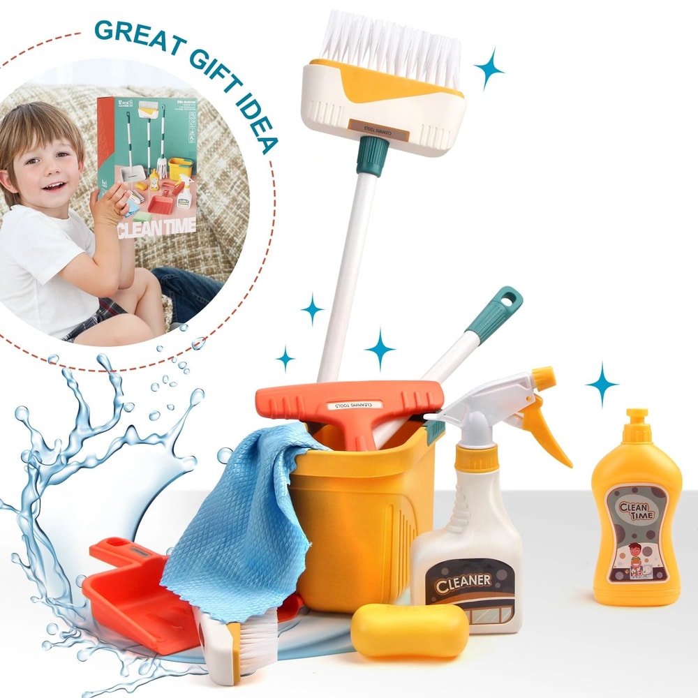 Kids Cleaning Set Play House Toy Pretend Cleaning Kit With Broom Mop And Bucket 6