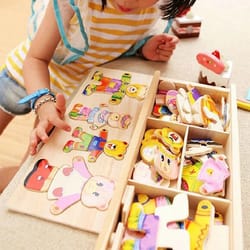 wooden dress up puzzle animal jigsaw educational toy for kids