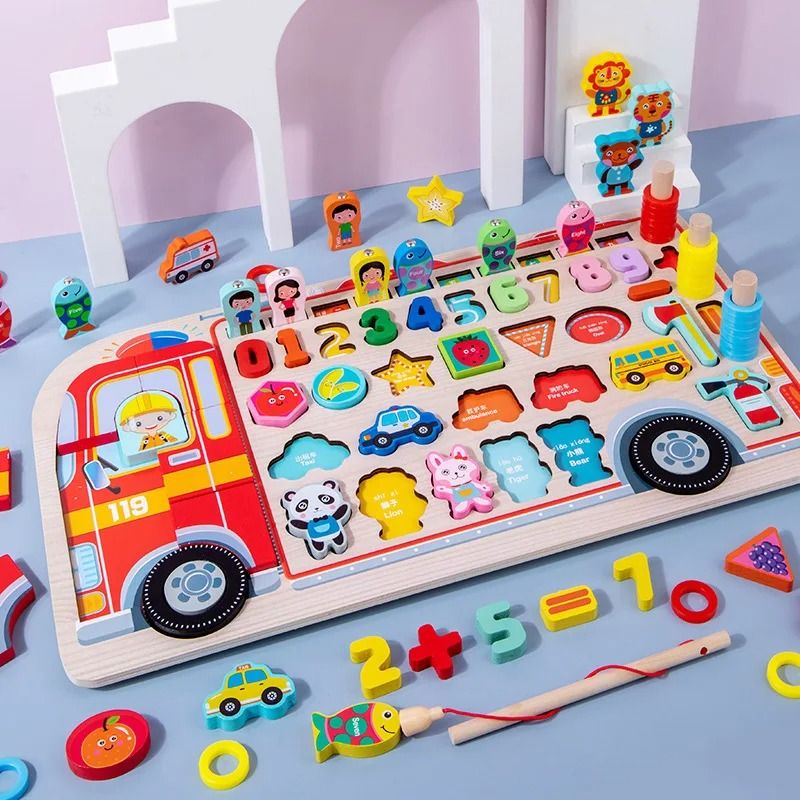 Montessori Wooden Fire Truck Busy Board Math Fishing Learning Toy 13