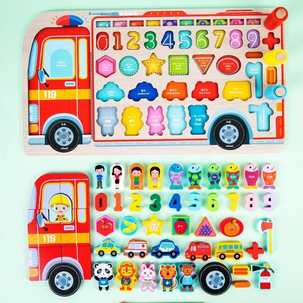Montessori Wooden Fire Truck Busy Board Math Fishing Learning Toy 0