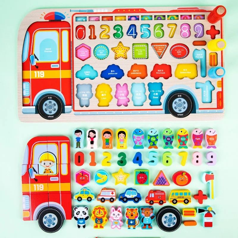 Montessori Wooden Fire Truck Busy Board Math Fishing Learning Toy 0