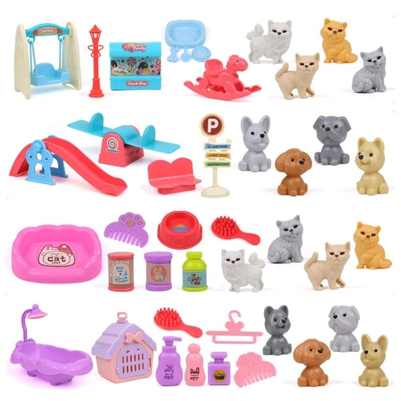 Mini Pet Play House Pretend Play Cat Dog Kennel Bathtub Toy Set 12