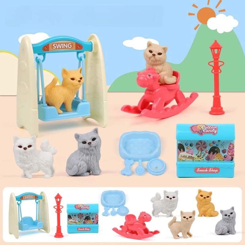 Mini Pet Play House Pretend Play Cat Dog Kennel Bathtub Toy Set 3
