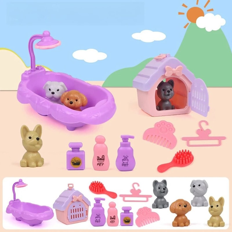Mini Pet Play House Pretend Play Cat Dog Kennel Bathtub Toy Set 4