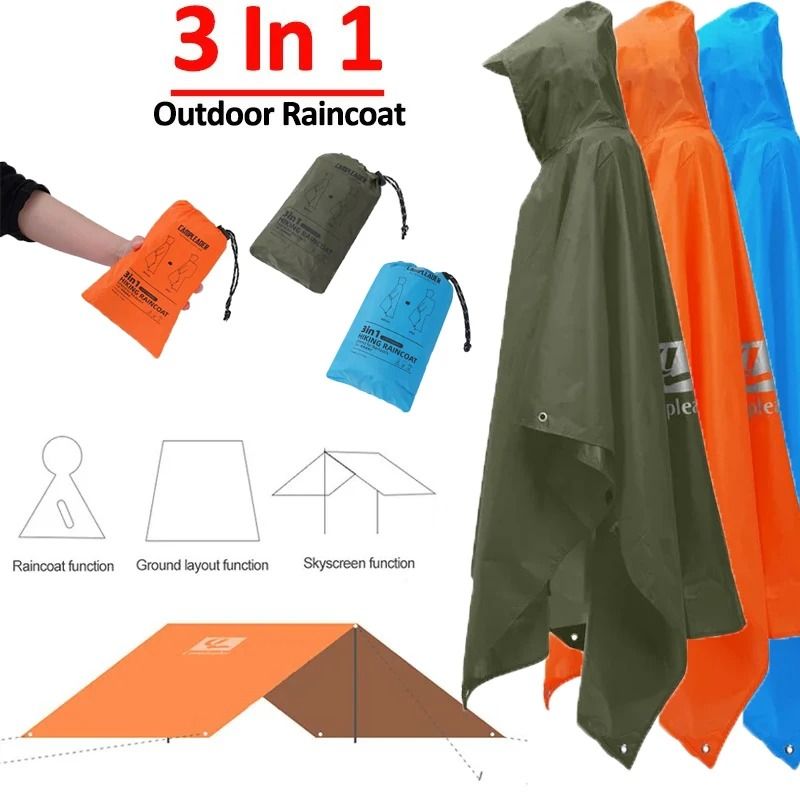 3 In 1 Long Waterproof Rain Poncho With Hood And Sleeves For Outdoor Use 8