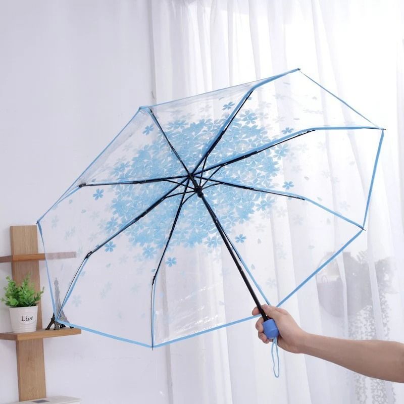 Cherry Blossom Transparent Trifold Umbrella Cute Korean Style Rain Umbrella 2