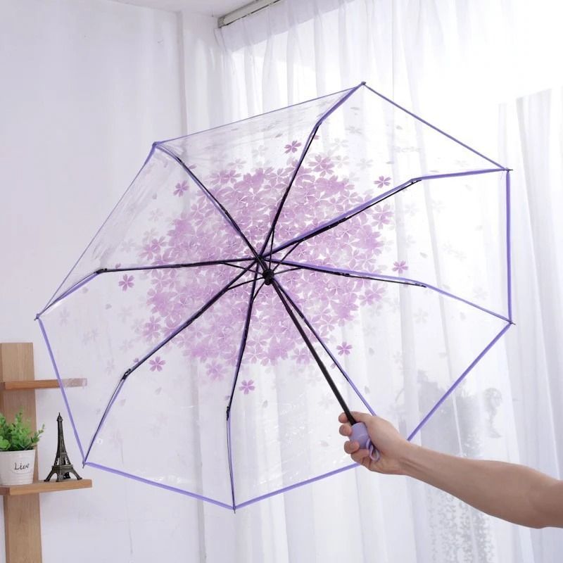 Cherry Blossom Transparent Trifold Umbrella Cute Korean Style Rain Umbrella 3