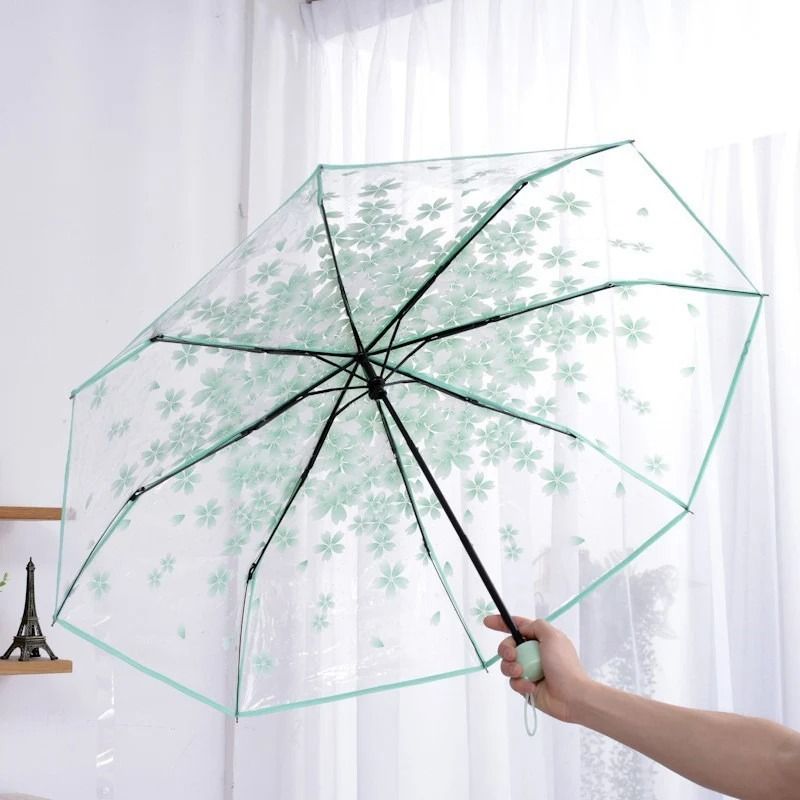 Cherry Blossom Transparent Trifold Umbrella Cute Korean Style Rain Umbrella 4