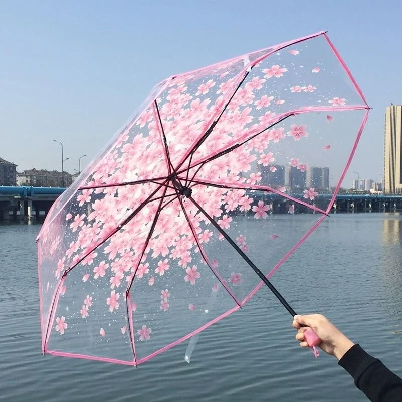 Cherry Blossom Transparent Trifold Umbrella Cute Korean Style Rain Umbrella 1