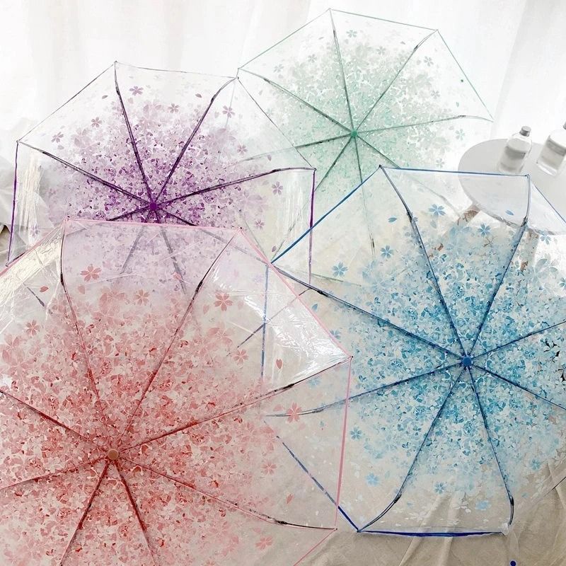 Cherry Blossom Transparent Trifold Umbrella Cute Korean Style Rain Umbrella 9
