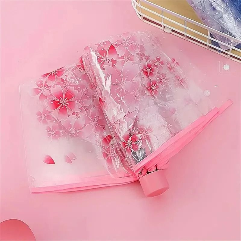 Cherry Blossom Transparent Trifold Umbrella Cute Korean Style Rain Umbrella 10