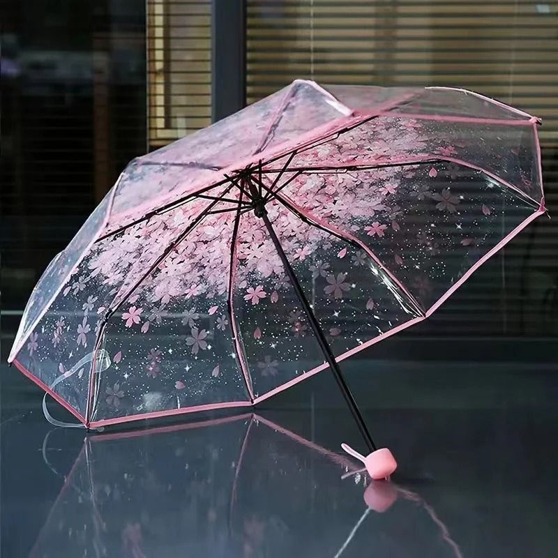 Cherry Blossom Transparent Trifold Umbrella Cute Korean Style Rain Umbrella 0